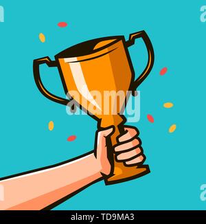 Hand holding winner's trophy award. Winning Gold cup in hands Stock Vector