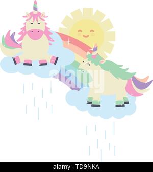 cute unicorns in rainbow with clouds and sun kawaii characters vector illustration Stock Vector