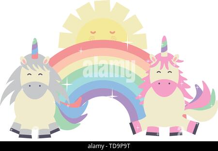 cute unicorns with sun and rainbow kawaii characters vector illustration design Stock Vector