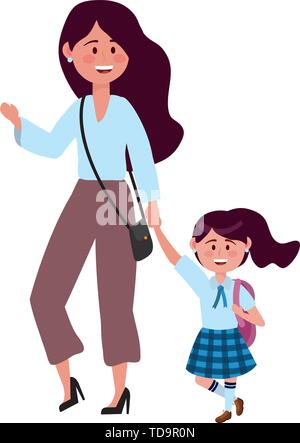 Mother and daughter going to school design, Family activities relationship generation lifestyle and people theme Vector illustration Stock Vector