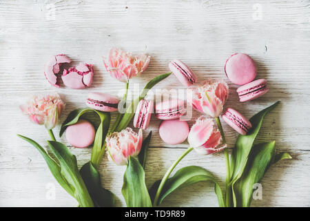 Sweet pink macaron cookies and spring fresh tulip flowers Stock Photo