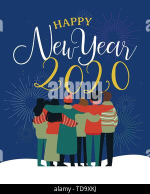 Happy New Year 2020 greeting card illustration of young people friend group hugging together with fireworks in night sky. Diverse culture friends team Stock Vector