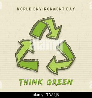 World Environment Day illustration for nature help concept. Green hand drawn recycle symbol doodle with quote. Stock Vector