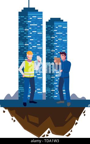 male builders constructors workers with building vector illustration design Stock Vector
