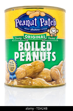 Winneconne, WI - 11 May 2019 : A can of Peanut Patch boiled peanuts on an isolated background Stock Photo