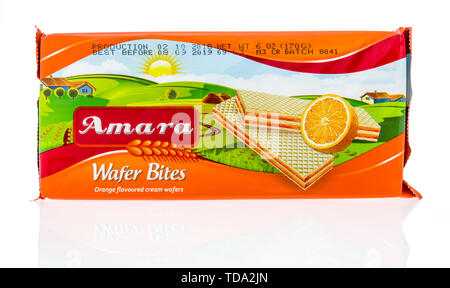 Winneconne, WI - 16 May 2019 : A package of Amara wafer bites on an isolated background Stock Photo