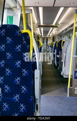 Empty Class 385 Scotrail train carriage seats, Scotland, UK Stock Photo