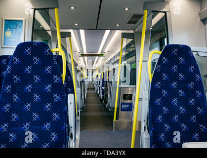 Empty Class 385 Scotrail train carriage seats, Scotland, UK Stock Photo