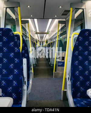 Empty Class 385 Scotrail train carriage seats, Scotland, UK Stock Photo