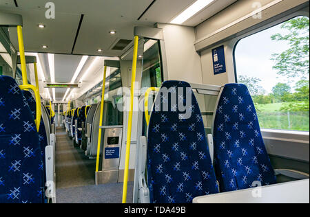 Empty Class 385 Scotrail train carriage seats, Scotland, UK Stock Photo