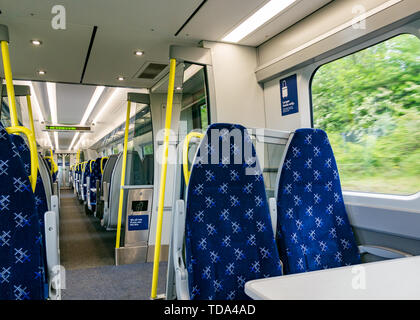 Empty Class 385 Scotrail train carriage seats, Scotland, UK Stock Photo