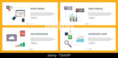 Web banners concept in vector with report market, gains financial, data organization and accountancy chart. Internet website banner concept with icon  Stock Vector