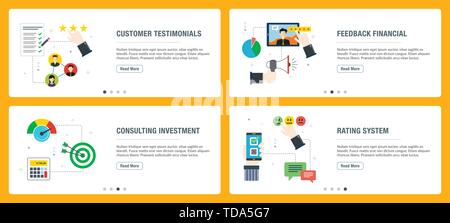 Web banners concept in vector with customer testimonials, feedback financial, consulting investment and rating system. Internet website banner concept Stock Vector