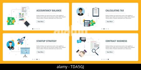 Web banners concept in vector with accountancy balance, calculating tax, startup strategy and contract business. Internet website banner concept with  Stock Vector