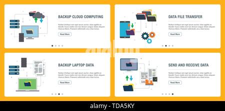 Vector set of vertical web banners with backup cloud computing, backup laptop data, send and receive data.Vector banner template for website and mobil Stock Vector
