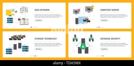 Vector set of vertical web banners with data network, computer server, storage technology and database security. Vector banner template for website an Stock Vector