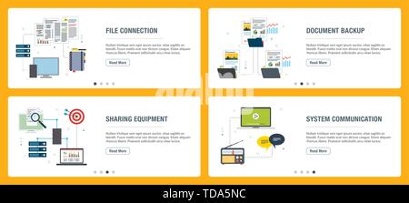 Vector set of vertical web banners with file connection, document backup, sharing equipment and system communication. Vector banner template for websi Stock Vector
