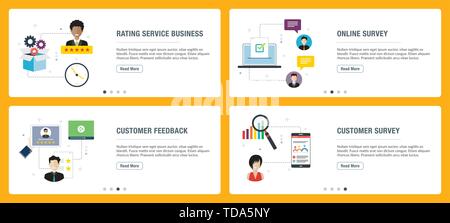Vector set of vertical web banners with rating service business, online survey, customer feedback and customer survey. Vector banner template for webs Stock Vector