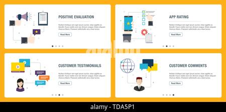 Vector set of vertical web banners with positive evaluation, app rating, customer testimonials and customer comments. Vector banner template for websi Stock Vector