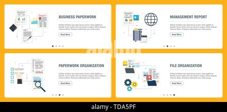 Vector set of vertical web banners with business paperwork, management report, paperwork organization, file organization. Vector banner template for w Stock Vector