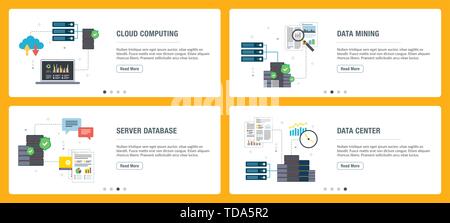 Vector set of vertical web banners with cloud computing, data mining, server database and data center. Vector banner template for website and mobile a Stock Vector