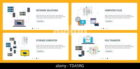Vector set of vertical web banners with network solutions, computer files, storage computer and file transfer. Vector banner template for website and  Stock Vector