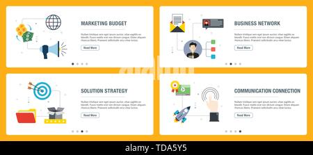 Vector set of vertical web banners with marketing budget, business network, solution strategy, communication. Vector banner template for website and m Stock Vector