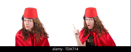 Woman wearing fez hat isolated on white Stock Photo