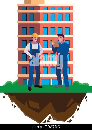 male builders constructors workers with building vector illustration design Stock Vector
