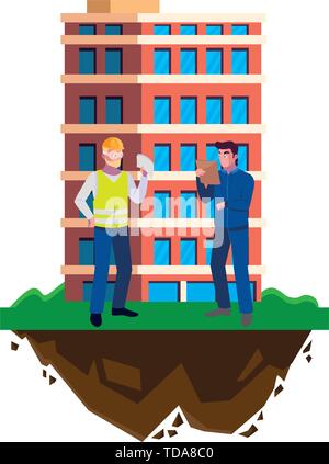 male builders constructors workers with building vector illustration design Stock Vector