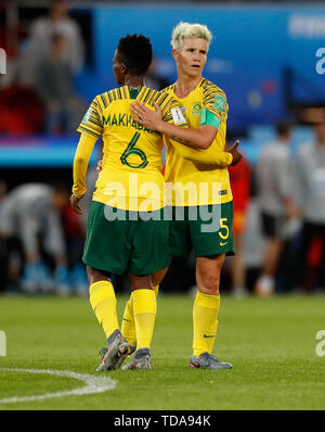 Paris, France. 13th June, 2019. South Africa's Janine Van Wyk (R) and Mamello Makhabane react after the Group B match between China and South Africa at the 2019 FIFA Women's World Cup in Parc des Princes in Paris, France, June 13, 2019. Credit: Ding Xu/Xinhua/Alamy Live News Stock Photo