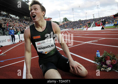 Oslo, Norway. 13th June, 2019. Karsten Warholm of Norway celebrates after winning the Men's 400m Hurdles at the IAAF Diamond League in Oslo, Norway, on June 13, 2019. Credit: Liang Youchang/Xinhua/Alamy Live News Stock Photo