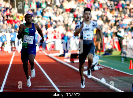 Oslo, Norway. 13th June, 2019. Xie Zhenye (R) competes during the Men's 100m at the IAAF Diamond League in Oslo, Norway, on June 13, 2019. Credit: Liang Youchang/Xinhua/Alamy Live News Stock Photo