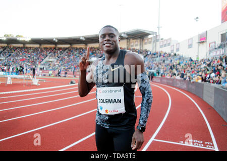 Oslo, Norway. 13th June, 2019. Chris Coleman of the United States reacts after winning the Men's 100m during the IAAF Diamond League in Oslo, Norway, on June 13, 2019. Credit: Liang Youchang/Xinhua/Alamy Live News Stock Photo