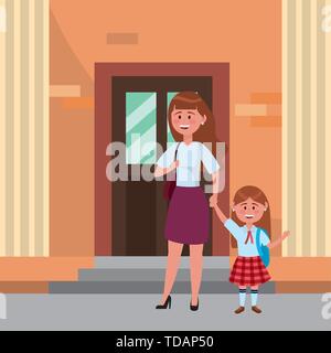 Mother and daughter going to school design, Family activities relationship generation lifestyle and people theme Vector illustration Stock Vector