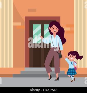 Mother and daughter going to school design, Family activities relationship generation lifestyle and people theme Vector illustration Stock Vector