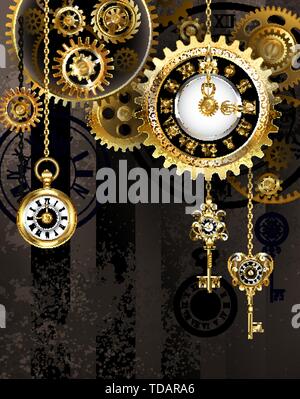 Antique clocks, decorated with jewelry, gold clock hands and black Latin numerals on brown striped background. Stock Vector