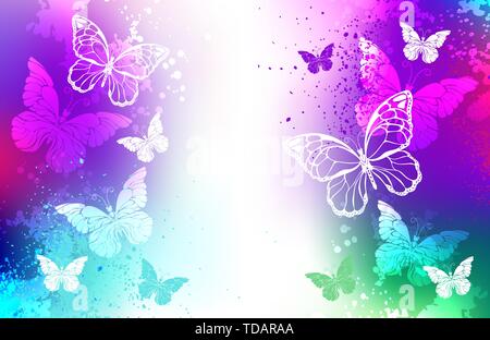 Bright, carelessly painted over purple and turquoise paint background with flying white butterflies. Stock Vector