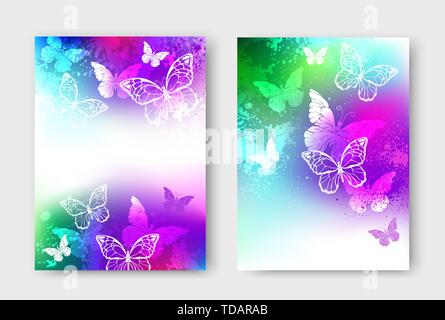 Design for brochure with white butterflies on bright, iridescent background, stained with colorful paint. Vector illustration template in A4 size. Stock Vector