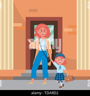 Mother and daughter going to school design, Family activities relationship generation lifestyle and people theme Vector illustration Stock Vector