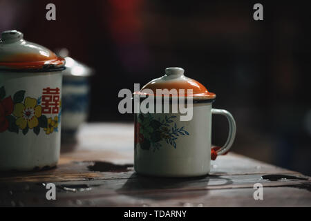 Ceramic cups in the old teahouse. Stock Photo