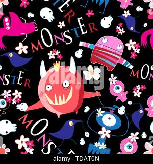 Seamless bright funny Halloween pattern of monsters on a dark background with skulls Stock Vector