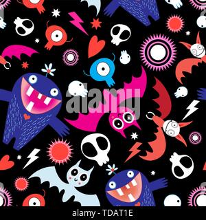 Seamless bright festive Halloween pattern with bats and monsters on a dark background. Stock Vector