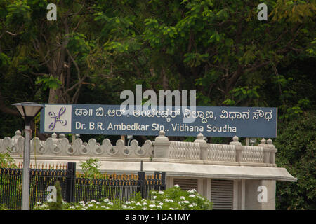 Bangalore, Karnataka India-June 04 2019:Bill borad showing of Dr. B. R. Ambedkar Metro Station near vidhana soudha, Bengalore. Stock Photo