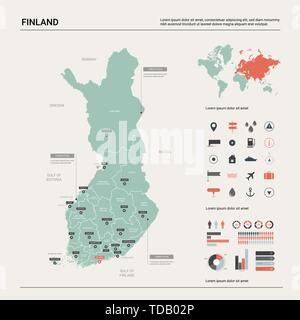 Vector map of Finland. Country map with division, cities and capital Helsinki. Political map,  world map, infographic elements. Stock Vector