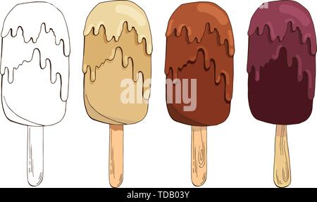 Set of vector hand drawn ice creams. Eskimo pie isolated on white background. Colored and Contour Sketch Images. Summer linear design. Pack of Stock Vector