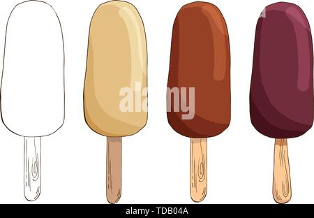 Set of vector hand drawn ice creams. Eskimo pie isolated on white background. Colored and Contour Sketch Images. Summer linear design. Pack of Stock Vector