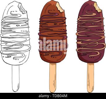 Set of vector hand drawn chocolate ice creams. Eskimo pie isolated on white background. Colored and Contour Images. Ice lolly. Popsicle cake Stock Vector