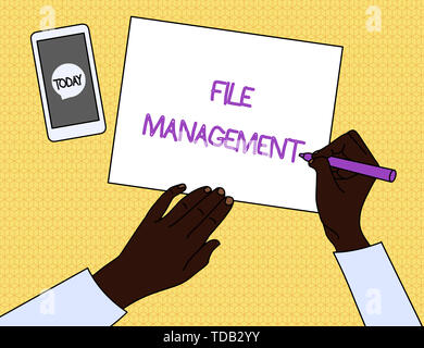 Handwriting text File Management. Conceptual photo computer program that provides user interface to analysisage data Top View Man Writing Blank Paper  Stock Photo