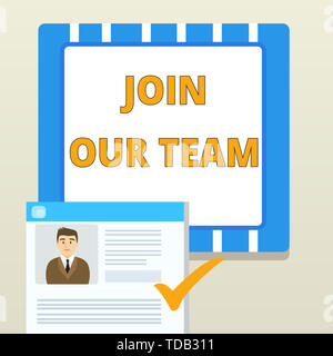 Word writing text Join Our Team. Business photo showcasing inviting someone to join in your local group or company Curriculum Vitae Resume of Young Ma Stock Photo